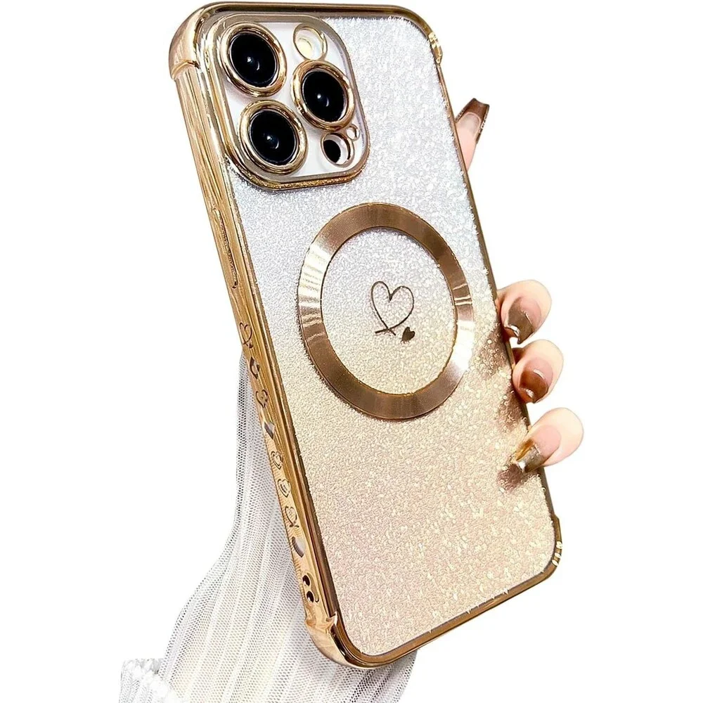 iPhone 15 Pro Max Case Magnetic Soft Cute Luxury Love Heart Gold MagSafe Clear